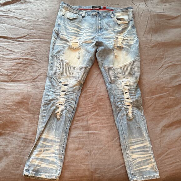 Makobi Jeans Moto Biker Slim Fit Distressed Denim Naxos 42x32 Hip Hop Streetwear - Picture 3 of 15